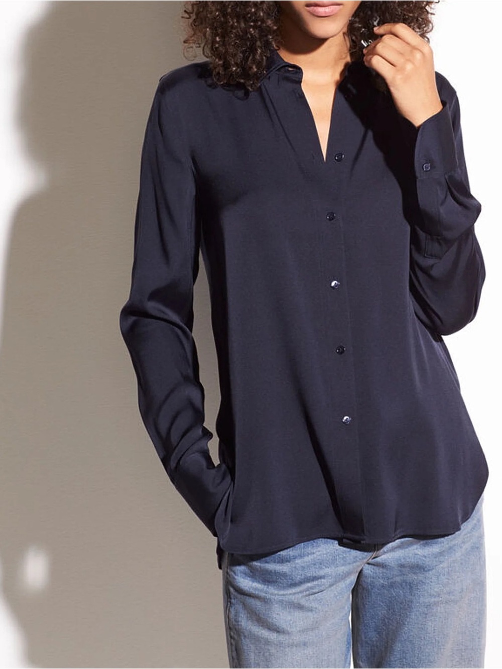 Vince Slim Fitted Silk Blouse Navy - Sz Small